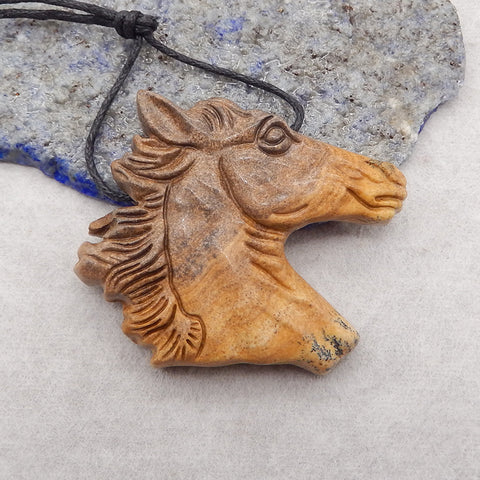 Carved Horse Head, Picture Jasper Horse Head Gemstone Pendant, 38x40x9mm, 21.5g