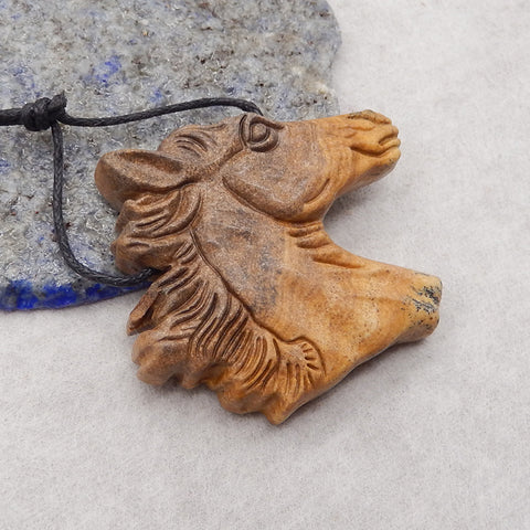 Carved Horse Head, Picture Jasper Horse Head Gemstone Pendant, 38x40x9mm, 21.5g