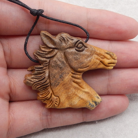 Carved Horse Head, Picture Jasper Horse Head Gemstone Pendant, 38x40x9mm, 21.5g