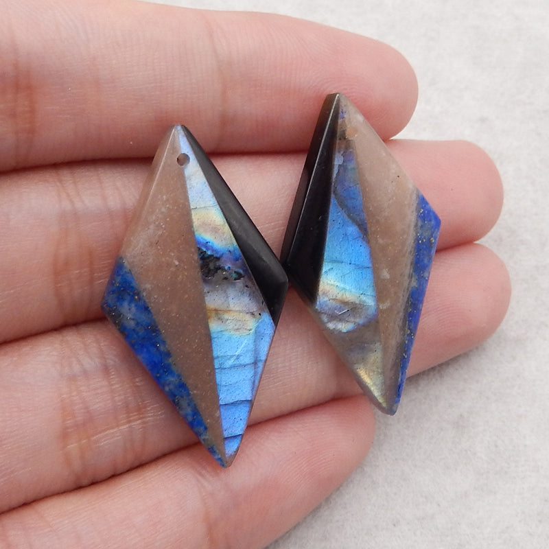 Natural Flash Labradorite, Sun Stone, Lapis Lazuli, Obsidian Intarsia Gemstone Earring Beads, Unique Earring Pair, 35x19x4mm, 7.2g