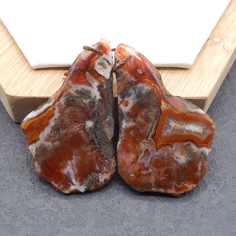 Nugget (Rough Sides)  Warring States Red Agate Gemstone Earring Beads, Drilled Gemstone Pair,  44×29×6mm,16.4g