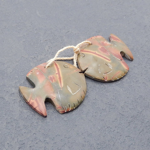 Natural Multi-Color Picasso Jasper Carved Fish Gemstone Earring Beads, Drilled Earring Pair,For Jewelry DIY Making, 28x26x4mm, 7.9g