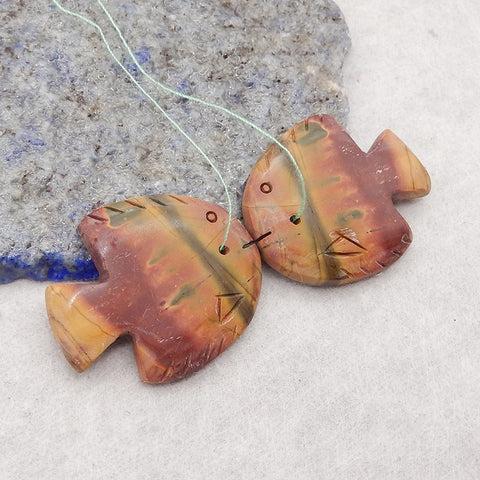 Natural Multi-Color Picasso Jasper Carved Fish Gemstone Earring Beads, Drilled Earring Pair,For Jewelry DIY Making, 30x24x4mm, 9.3g