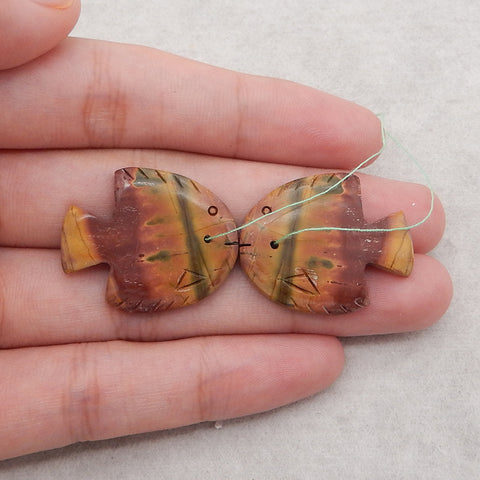 Natural Multi-Color Picasso Jasper Carved Fish Gemstone Earring Beads, Drilled Earring Pair,For Jewelry DIY Making, 30x24x4mm, 9.3g