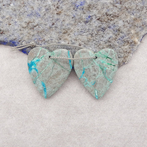 New! Beautiful Natural Chrysocolla Heart Shape Gemstone Earring Beads, Drilled Stone Cabochon Pair, 24x20x5mm, 5.9g