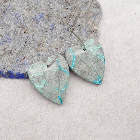 New! Beautiful Natural Chrysocolla Heart Shape Gemstone Earring Beads, Drilled Stone Cabochon Pair, 24x20x5mm, 5.9g