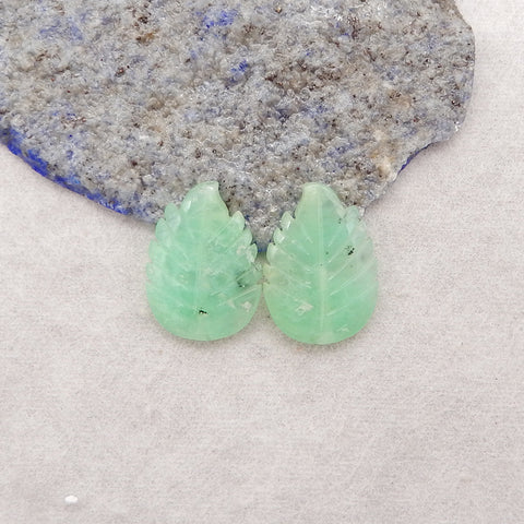 Hand Carved Chrysoprase Leaf Center Drilled Gemstone Earrings Beads, 22x16×4mm, 3.8g