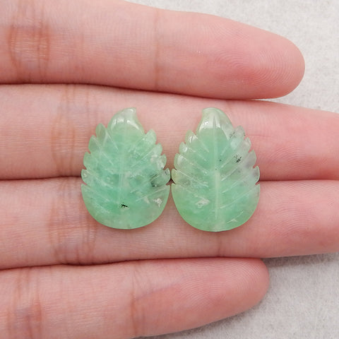 Hand Carved Chrysoprase Leaf Center Drilled Gemstone Earrings Beads, 22x16×4mm, 3.8g