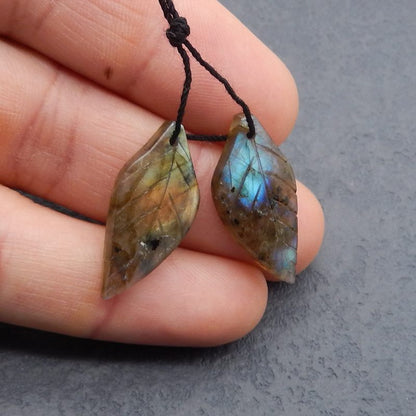 Natural Labradorite Carved leaf Earring Beads 26x12x4mm, 3.8g