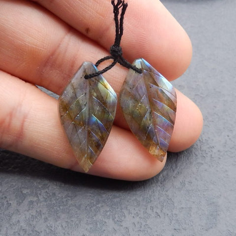 Natural Labradorite Carved leaf Earring Beads 29x17x4mm, 6.1g