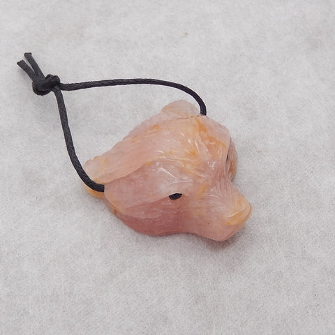 Hand Carved  Natural Rose Quartz  Bear Head Pendant ,Handmade Gemstone Pendant,36x30x14mm,18.5g