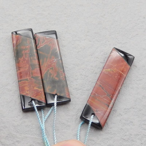 3 PCS  Intarsia Of Red Creek Jasper And Obsidian Pendant Beads 36*11*4mm, 40*10*4mm, 11.9g