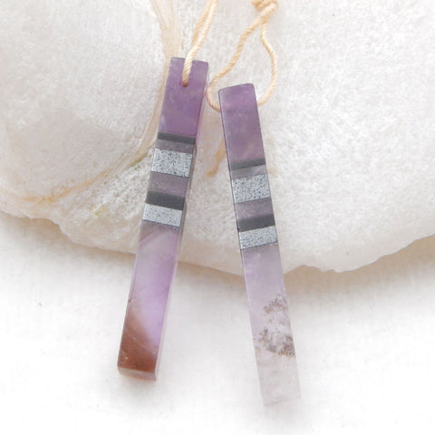 Paire de Boucles d'Oreilles Rectangle Allongé Collées Améthyste, Obsidienne et Hématite, 38X5mm, 5.4g