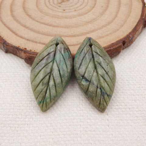 Natural Chrysocolla Carved leaf Earring Beads 24x10x4mm, 3.2g