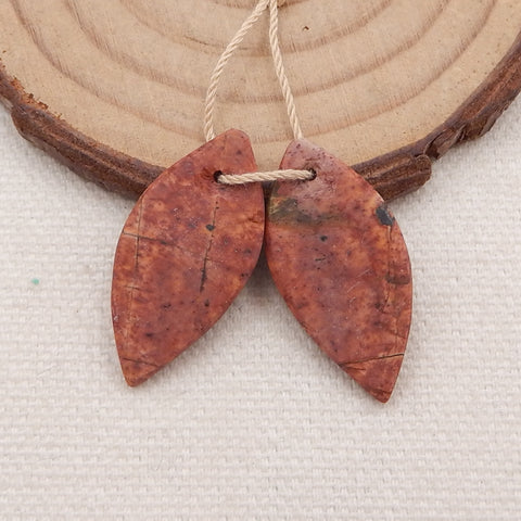 Natural Red Creek Jasper Carved Leaf Earring Beads 26x11x4mm, 3.4g