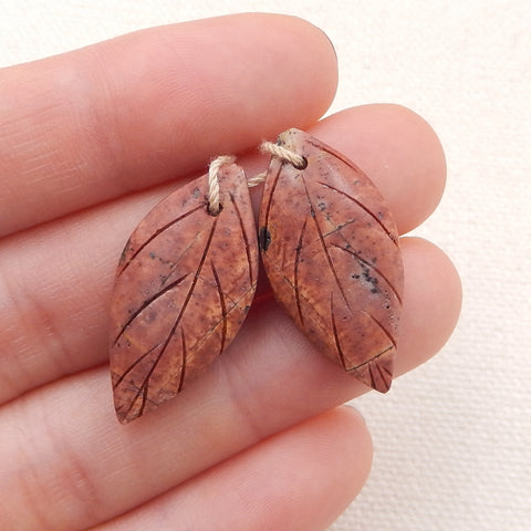 Natural Red Creek Jasper Carved Leaf Earring Beads 26x11x4mm, 3.4g