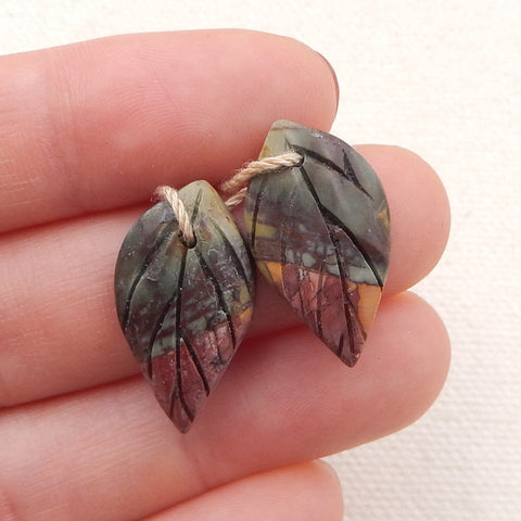 Natural Red Creek Jasper Carved leaf Earring Beads 24x14x4mm, 3.1g