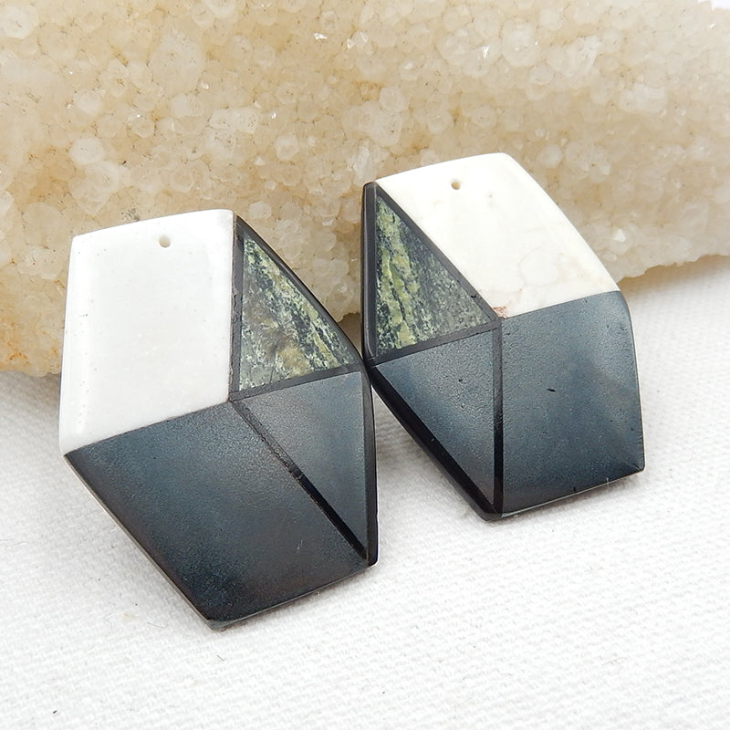 Intarsia of Howlite, Hematite, Obsidian and Green Zabra Jasper Earring Beads 41x33x4mm, 30.2g