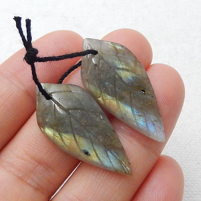 Natural Labradorite Carved leaf Earring Beads 26x12x4mm, 3.8g