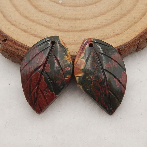 Paire de Boucles d'Oreilles en Jaspe Ruisseau Rouge Feuille Sculptées à la Main, 24x14x4mm, 3.1g