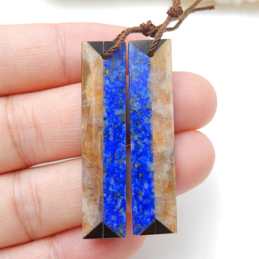 Intarsia of Lapis Lazuli, Sunstone and Obsidian Earring Beads 40x9x3mm, 5.4g