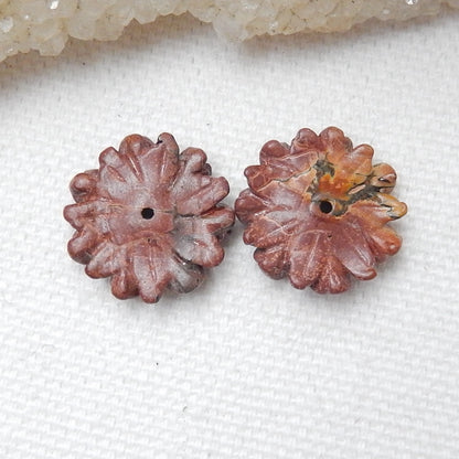 Natural Red Creek Jasper Carved flower Earring Beads 16x5mm, 2.7g