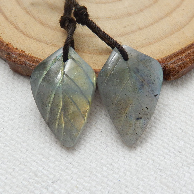 Natural Labradorite Carved leaf Earring Beads 19x11x4mm, 2.4g