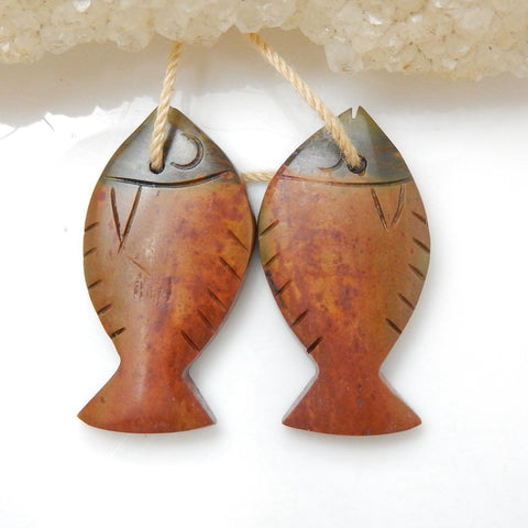 Natural Red Creek Jasper Carved fish Earring Beads 33x20x4mm, 7.9g