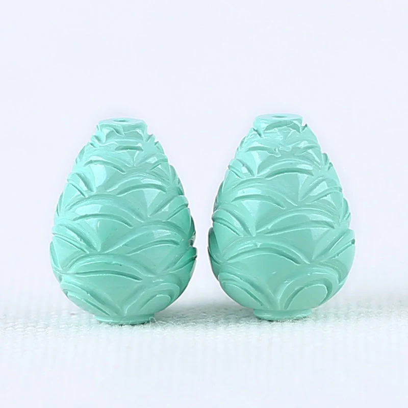 Carved Turquoise Pinecone Shape Gemstone Earring Pair (Top Half Drilled), Unique Drilled Cabochon Pair, Gemstone Wholesale, 13x18mm, 7.1g