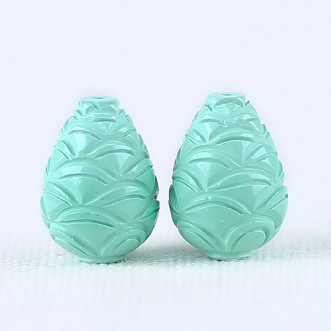 Carved Turquoise Pinecone Shape Gemstone Earring Pair (Top Half Drilled), Unique Drilled Cabochon Pair, Gemstone Wholesale, 13x18mm, 7.1g