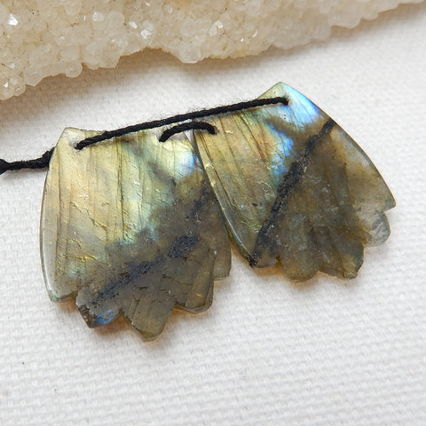 Natural Labradorite Carved feather Earring Beads 26x17x4mm, 6.5g