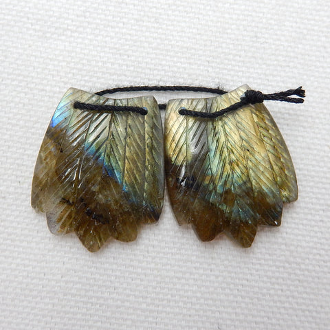 Natural Labradorite Carved feather Earring Beads 26x17x4mm, 6.5g