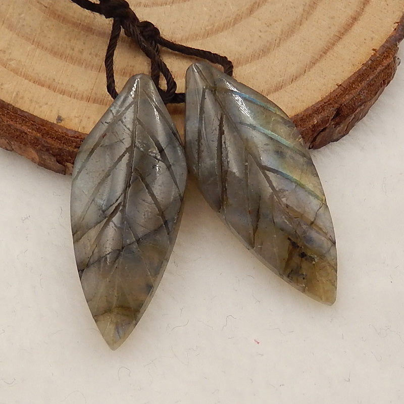 Natural Labradorite Carved leaf Earring Beads 29x12x4mm, 3.3g