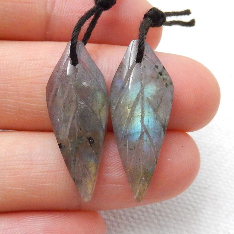 Natural Labradorite Carved leaf Earring Beads 27x10x4mm, 2.6g