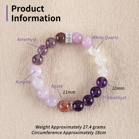 BITEFU Handmade Natural Amethyst And White Quartz, Kunzite And Agate，Colorful Gemstone Bracelet, Unique Gemstone Jewelry , 27.4g