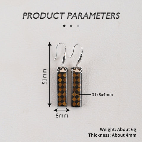 Natural Stone Tiger-Eye, Obsidian Intarsia Earrings With 925 Sterling Silver, 31x8x4mm, 6g