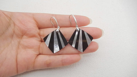 Best Gemstone Jewelry Gift! 925 Sterling Silver Natural Obsidian And MOP Intarsia Gemstone Earrings, Unique Earrings, 43x27x2mm, 5.3g