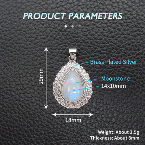 Natural Moonstone Brass Plated Silver Pendant Bead, Gemstone Jewelry Gift 29x18x8mm, 3.5g