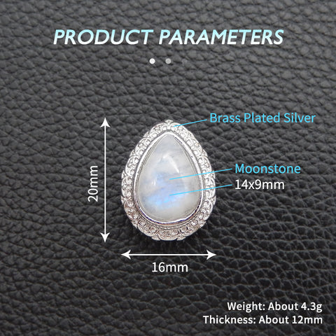 Natural Moonstone Brass Plated Silver Pendant Bead, Gemstone Jewelry Gift 20x16x12mm, 4.3g