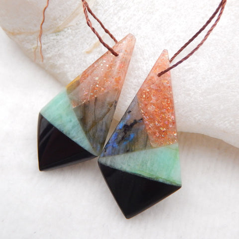 Boucles d'Oreilles en Forme de Cravate Collées en Pierre de Soleil Labradorite Chrysocolle et Obsidienne, 36x18x5mm 7.9g