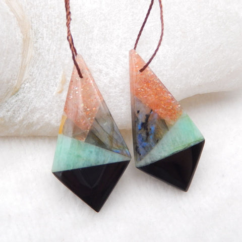 Boucles d'Oreilles en Forme de Cravate Collées en Pierre de Soleil Labradorite Chrysocolle et Obsidienne, 36x18x5mm 7.9g