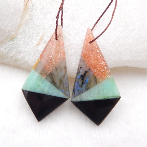 Boucles d'Oreilles en Forme de Cravate Collées en Pierre de Soleil Labradorite Chrysocolle et Obsidienne, 36x18x5mm 7.9g