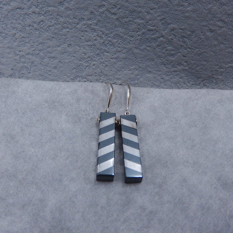 New!Aluminum  and Hematite Glued Long Earrings Pair, 925 Sterling Silver Findings,25x6mm, 7.8g