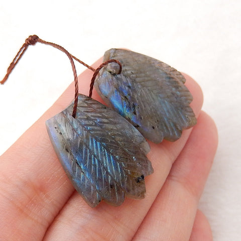 Carved Labradorite Feather Shaped Earrings Stones, 24x17x4mm, 5.5g