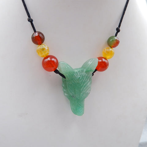 Natural Green Aventurine Carved wolf head And Beads Agate Pendant Necklace 37x21x12mm, 19.5g