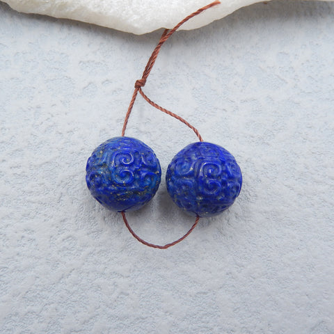 Bijoux faits à la main de pierres précieuses naturelles sculptées perle de boucle d'oreille en Lapis Lazuli, perles rondes percées, 14mm, 8.6g