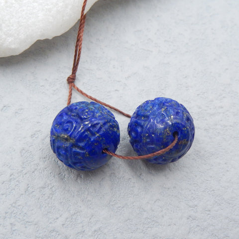 Bijoux faits à la main de pierres précieuses naturelles sculptées perle de boucle d'oreille en Lapis Lazuli, perles rondes percées, 14mm, 8.6g