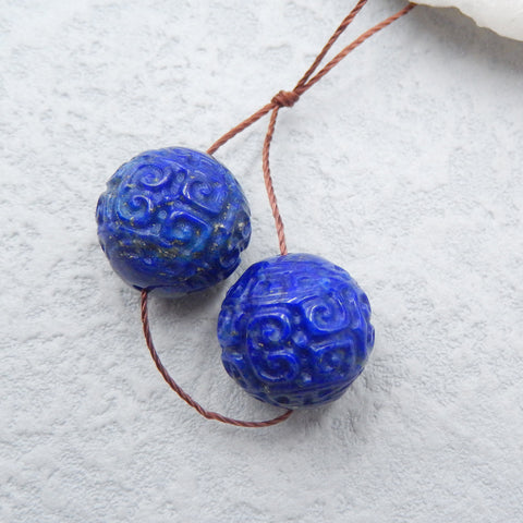 Bijoux faits à la main de pierres précieuses naturelles sculptées perle de boucle d'oreille en Lapis Lazuli, perles rondes percées, 14mm, 8.6g