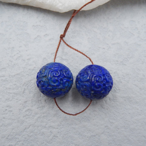 Bijoux faits à la main de pierres précieuses naturelles sculptées perle de boucle d'oreille en Lapis Lazuli, perles rondes percées, 14mm, 8.6g