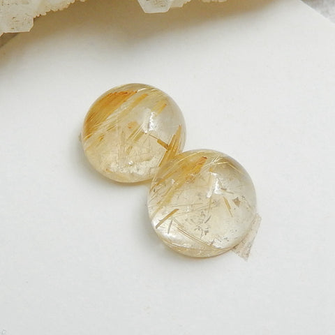 2 pcs Natural Gold Rutilated Quartz Round Gemstone Cabochons, 8x4mm, 1.3g - MyGemGarden